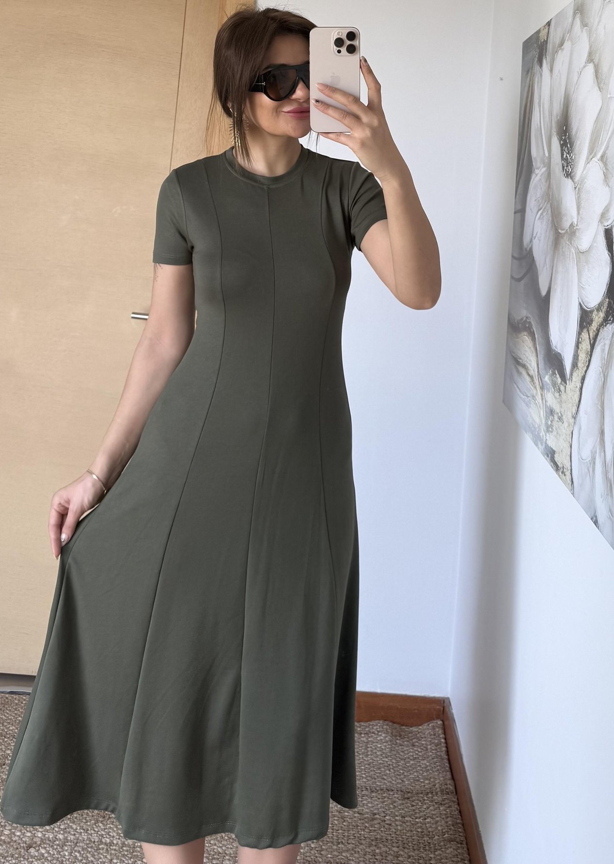  Kısa Kollu Premium %100 Pamuk Modal Kumaş Kloş Çan Midi Boy Yazlık Elbise-Haki
