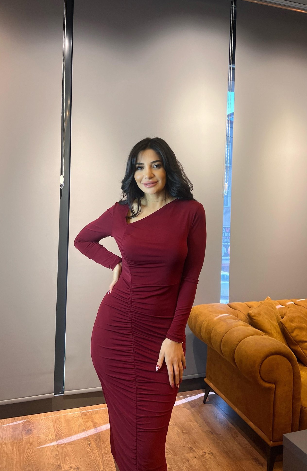 Bordo Büzgülü Asimetrik Yaka Midi Örme Elbise