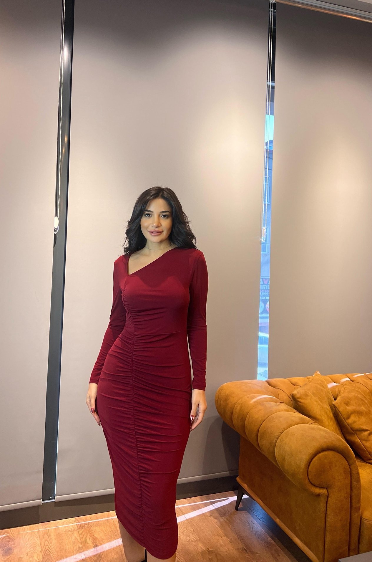 Bordo Büzgülü Asimetrik Yaka Midi Örme Elbise