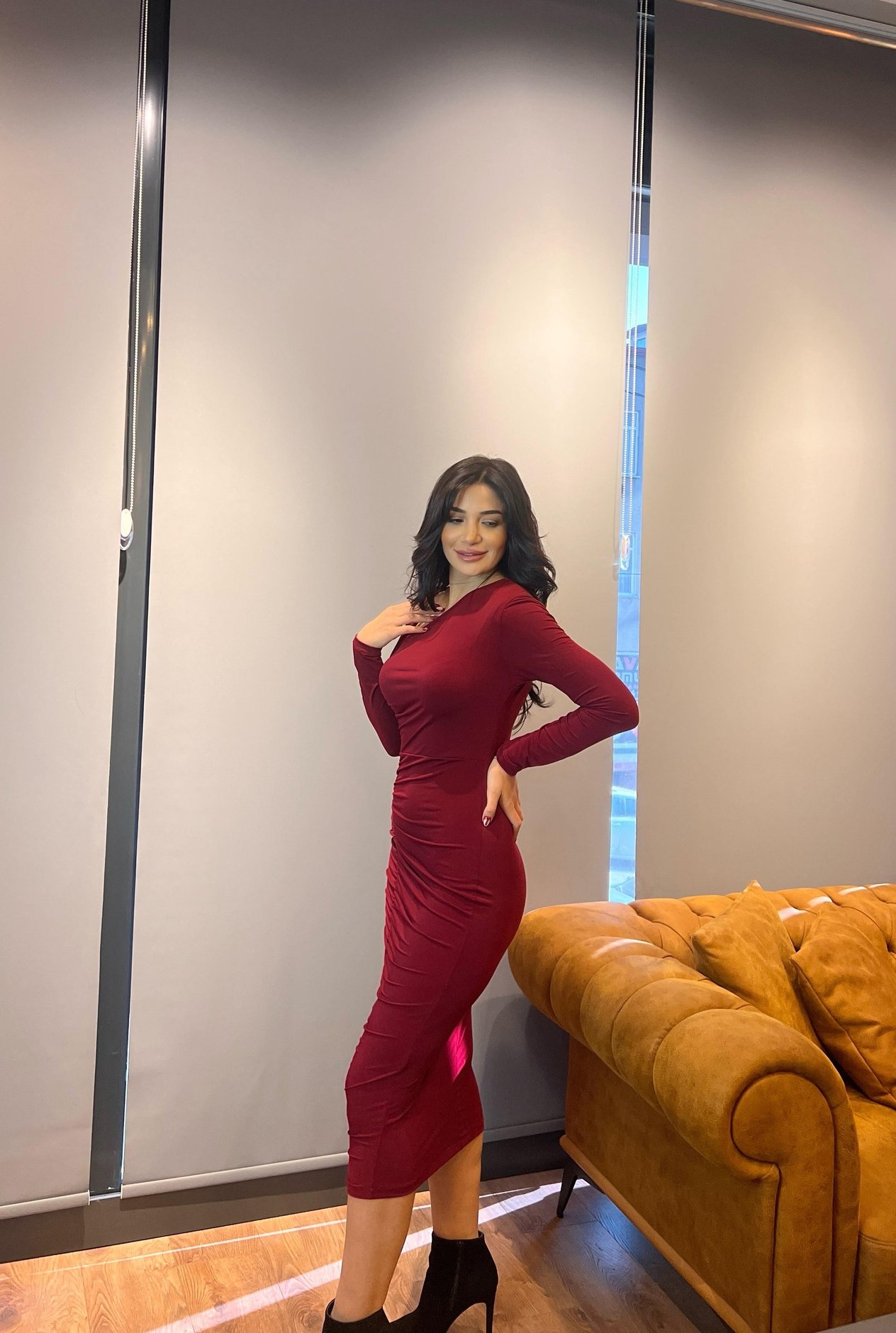 Bordo Büzgülü Asimetrik Yaka Midi Örme Elbise
