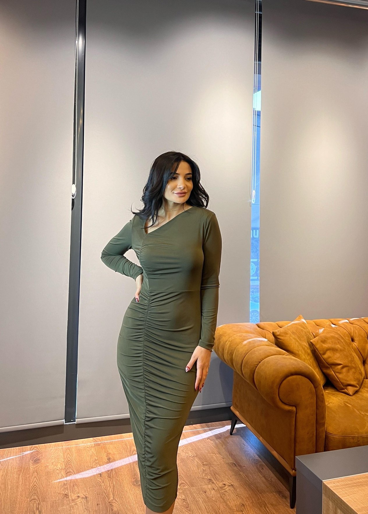 Haki Büzgülü Asimetrik Yaka Midi Örme Elbise