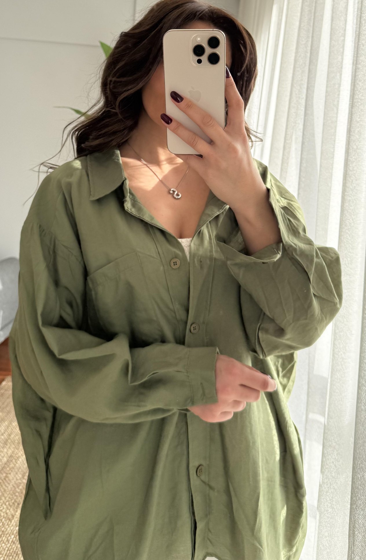 Haki Oversize Tensel Gömlek