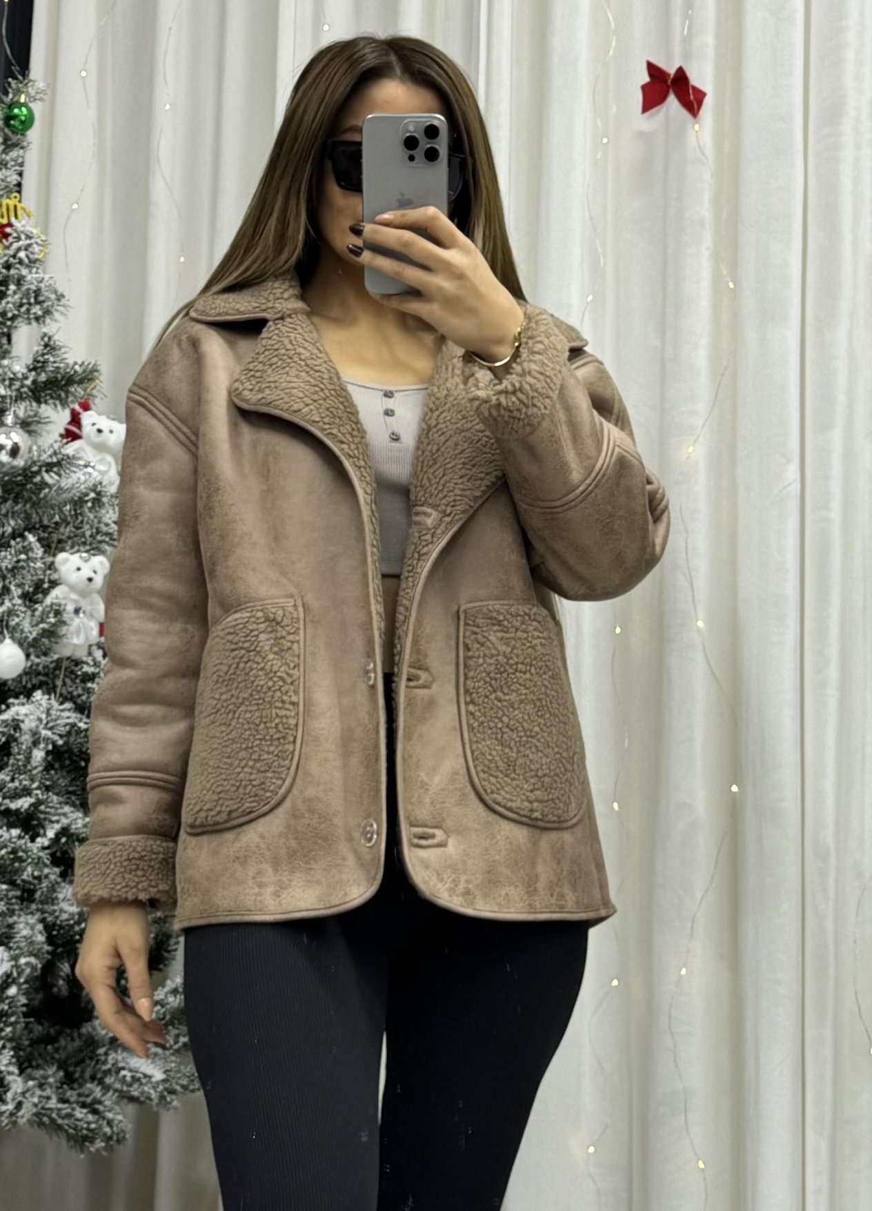 Kadın Süet Ters Cep Detaylı Lamineli İçi Peluş Mont