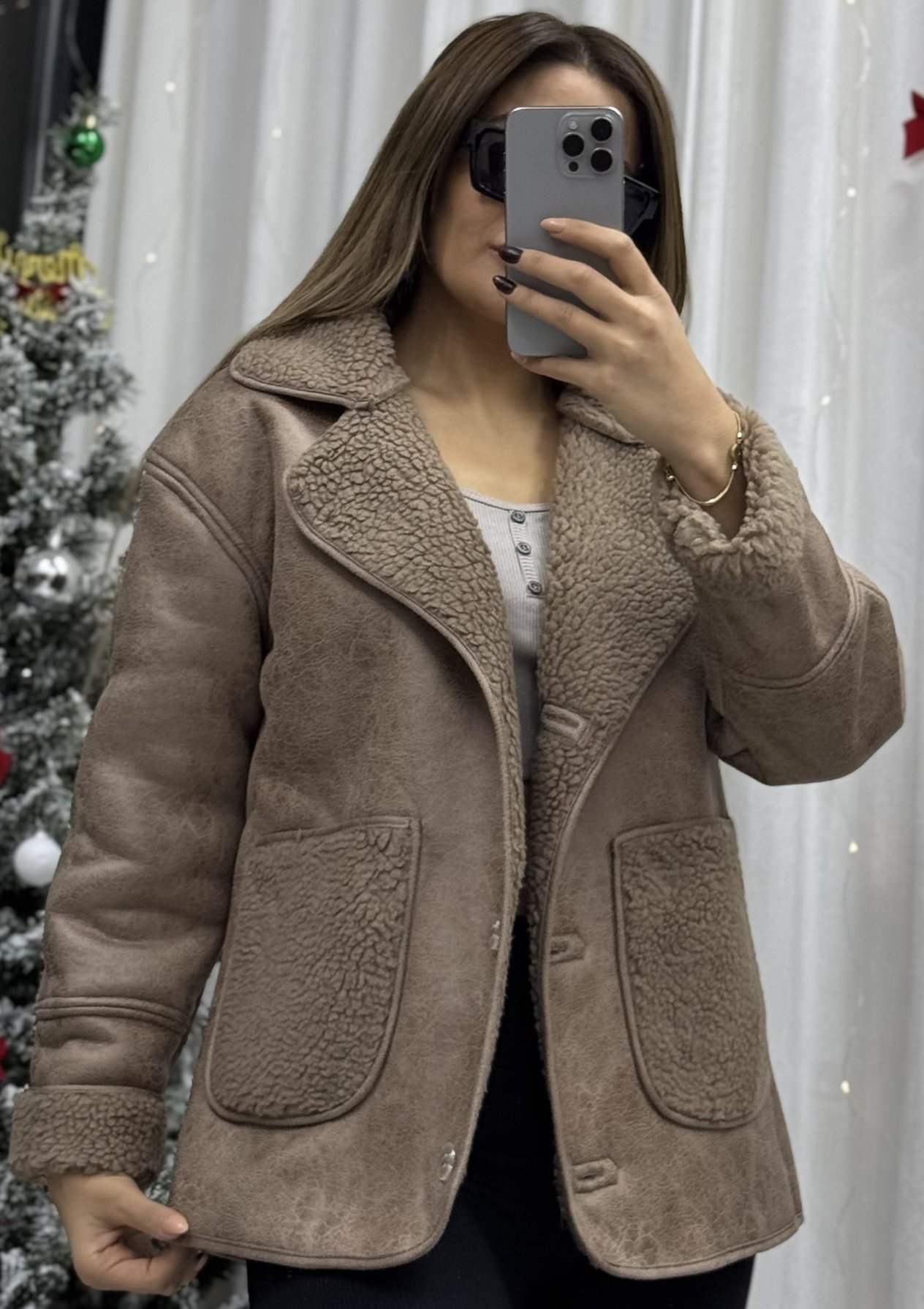 Kadın Süet Ters Cep Detaylı Lamineli İçi Peluş Mont