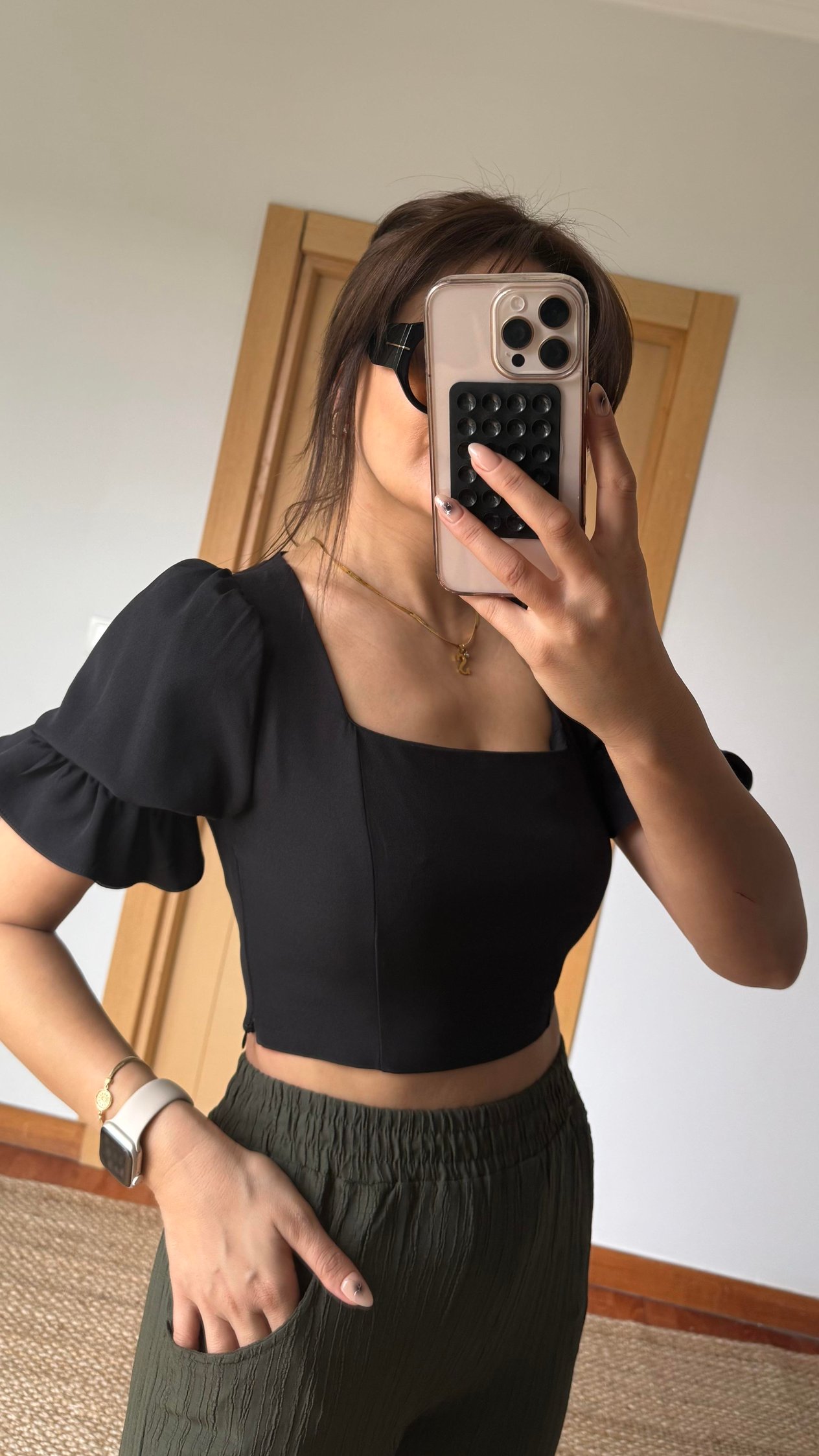 Karpuz Kol Crop Bluz-Siyah