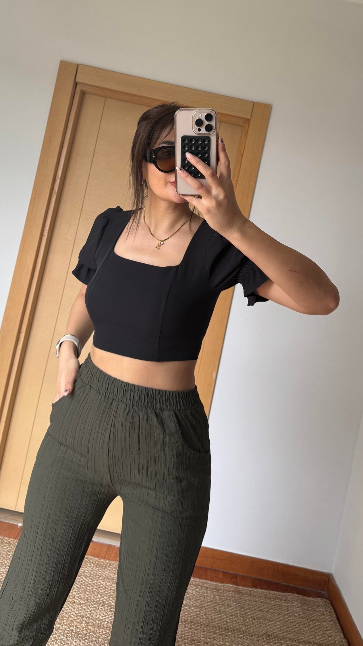 Karpuz Kol Crop Bluz-Siyah