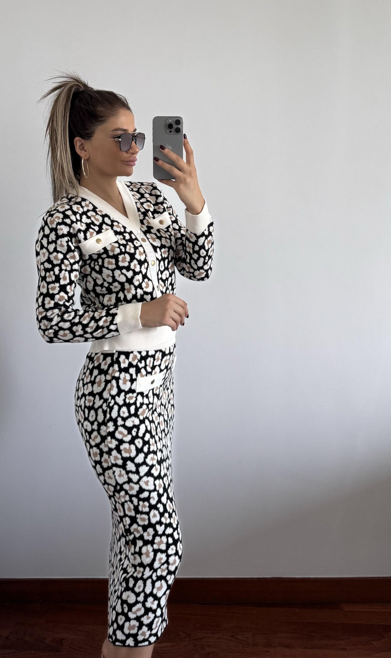 Leopar Desen Beyaz Etek Takım