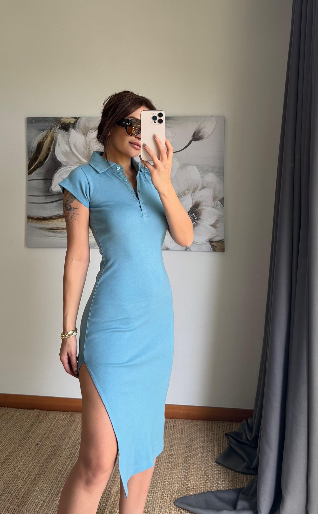 Polo Yaka  Esnek Yırtmaçlı Midi Elbise-Bebe mavi