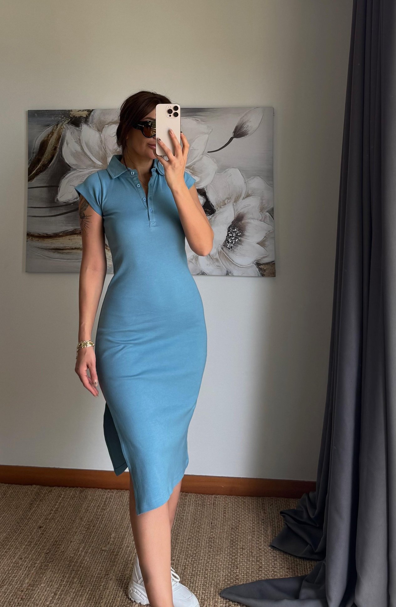Polo Yaka  Esnek Yırtmaçlı Midi Elbise-Bebe mavi