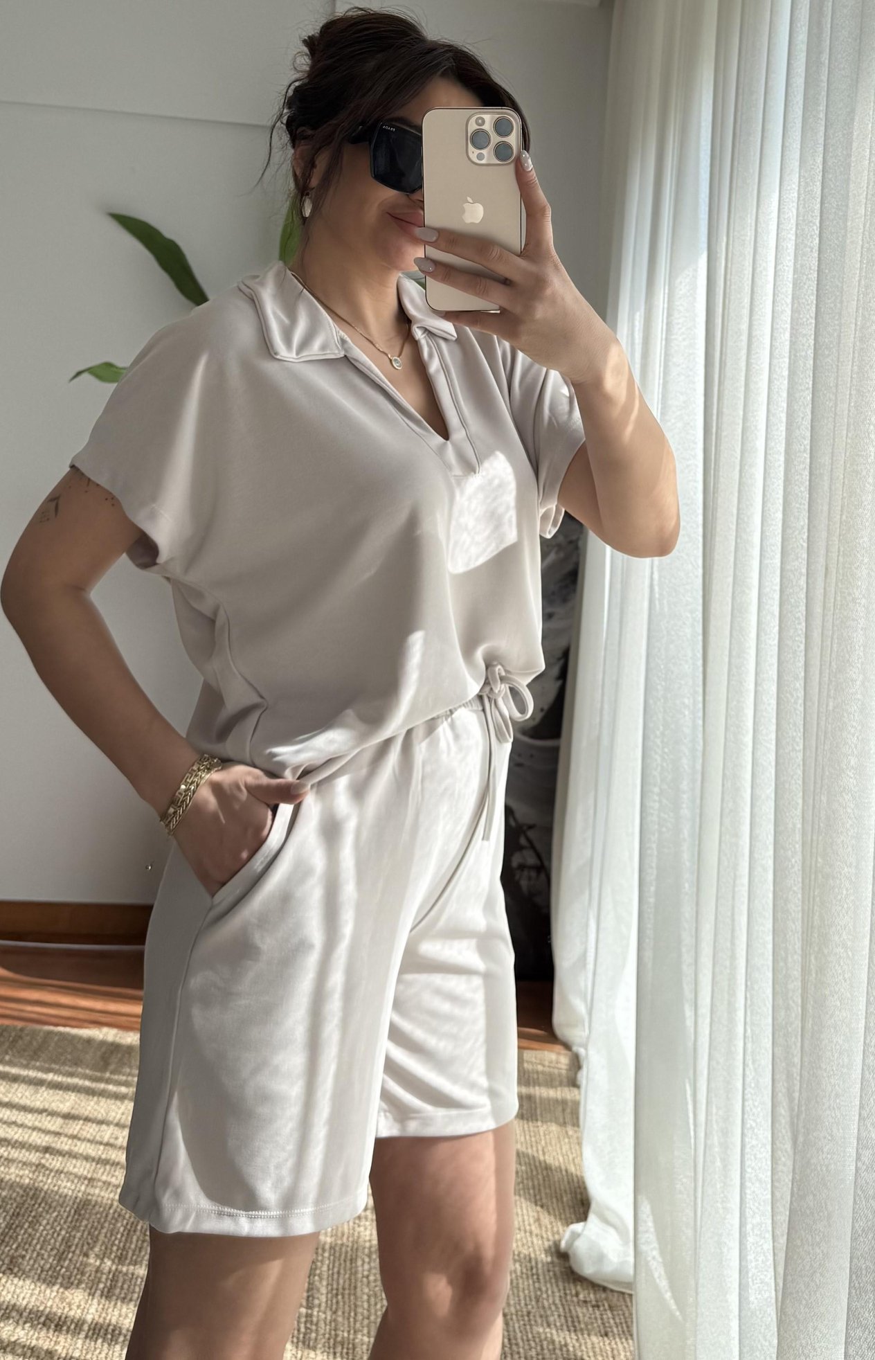 Polo Yaka Modal Şortlu Takım_Taş