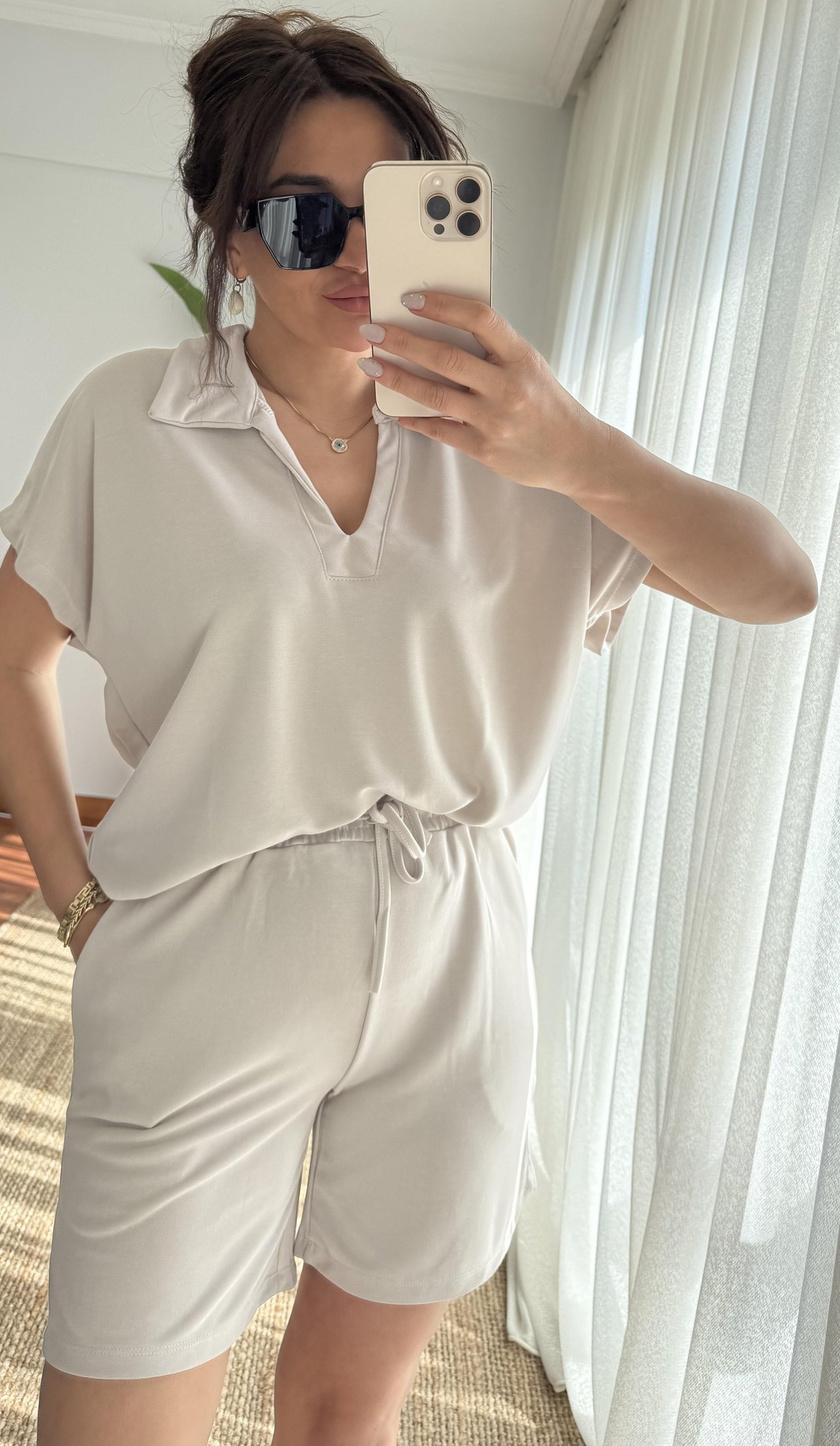 Polo Yaka Modal Şortlu Takım_Taş
