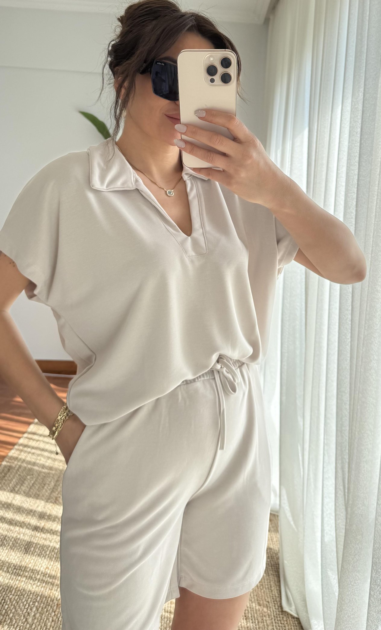 Polo Yaka Modal Şortlu Takım_Taş