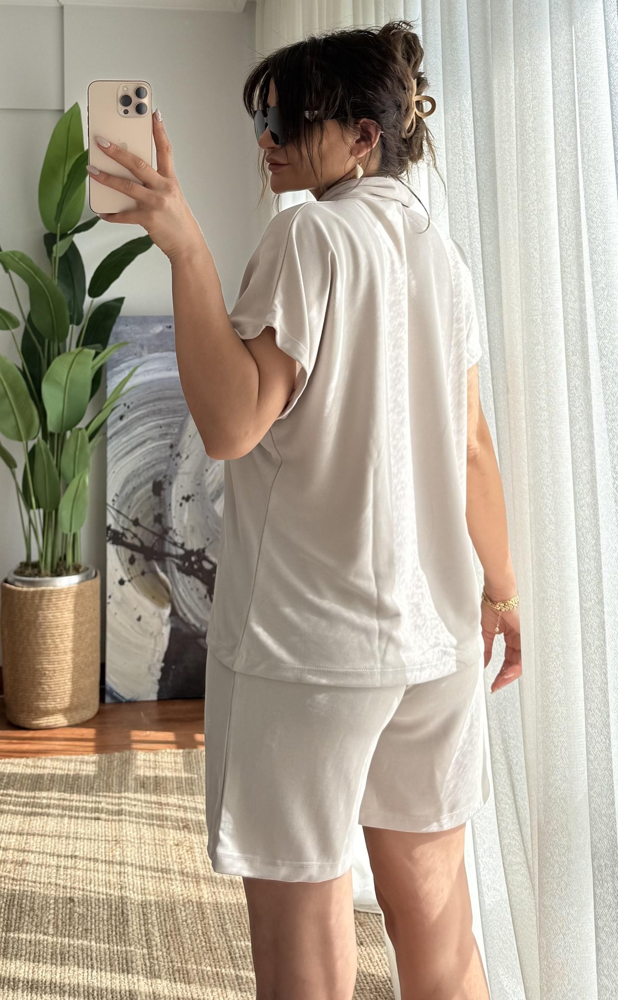 Polo Yaka Modal Şortlu Takım_Taş