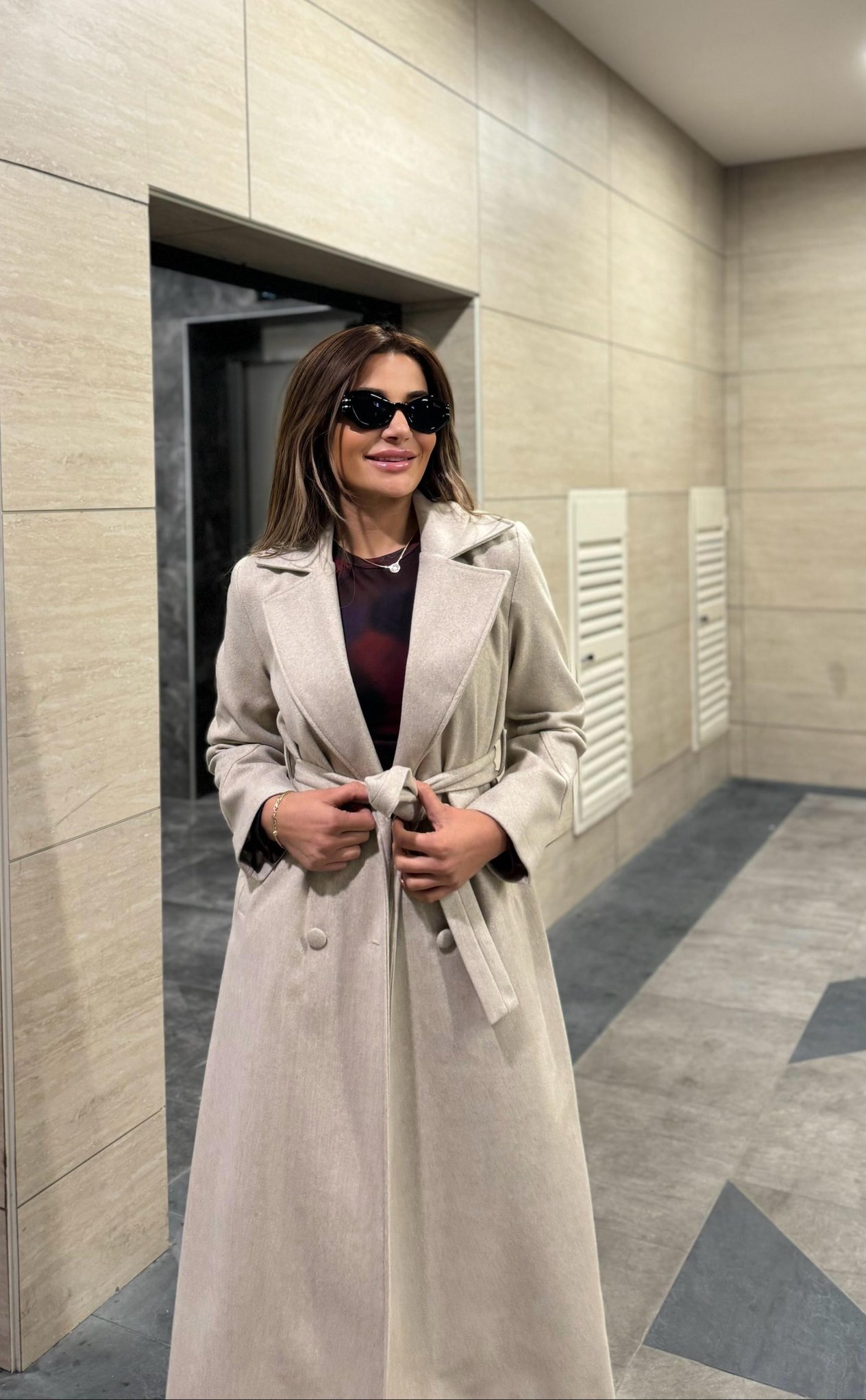 Premium Kalite Kuşaklı Astarlı Kaşe Kaban_Taş