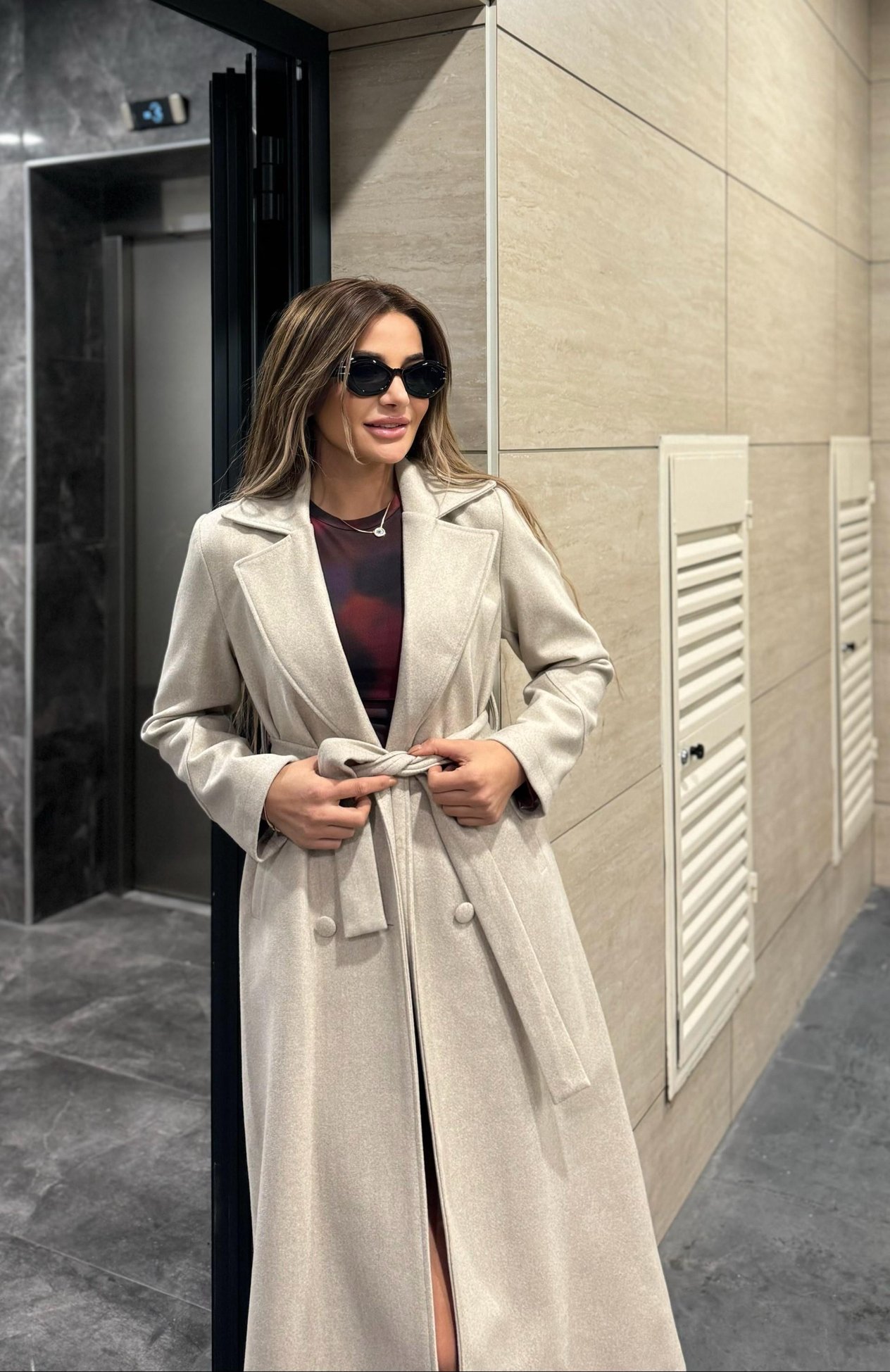 Premium Kalite Kuşaklı Astarlı Kaşe Kaban_Taş