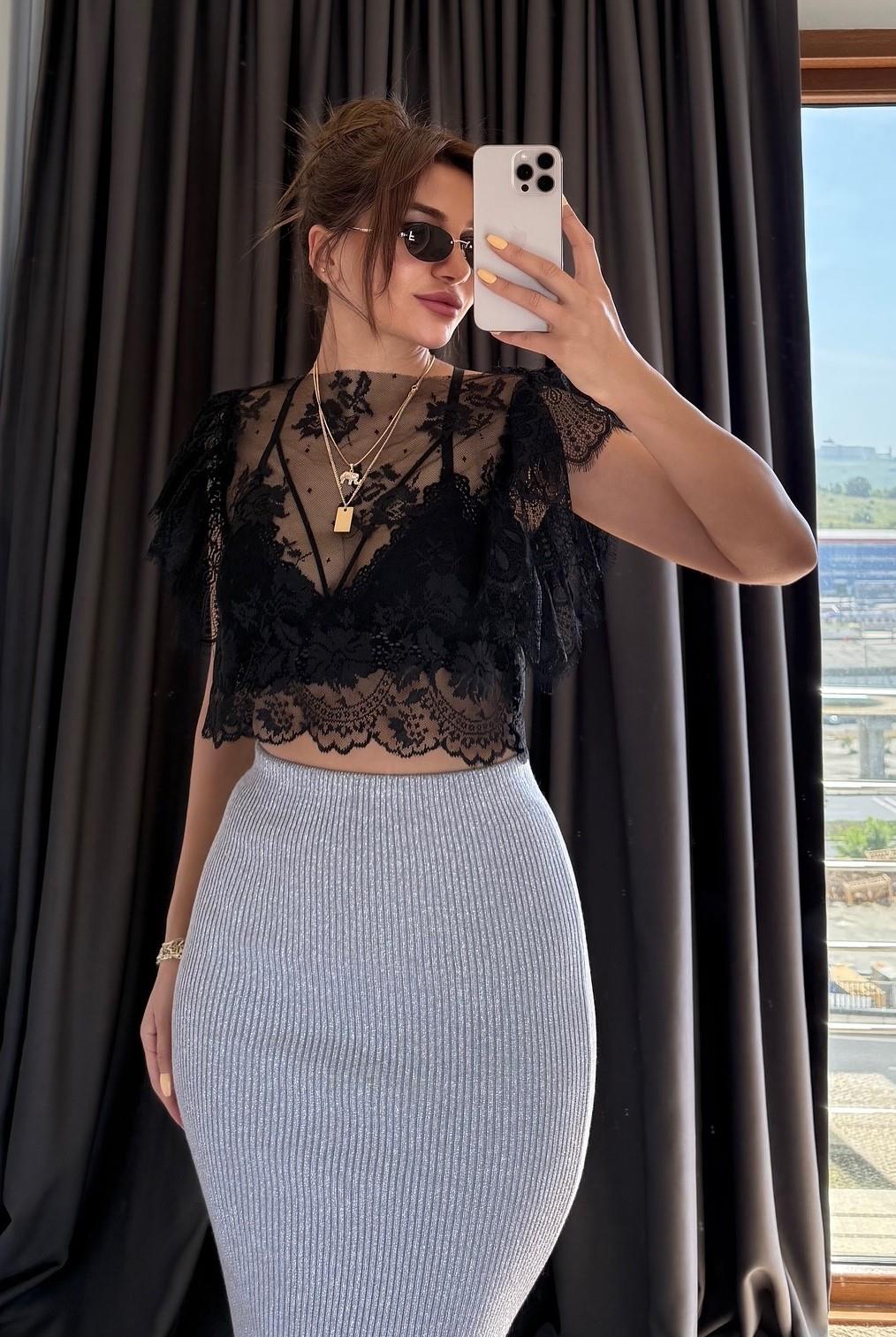 Siyah Bisiklet Yaka Dantelli Tül Bluz