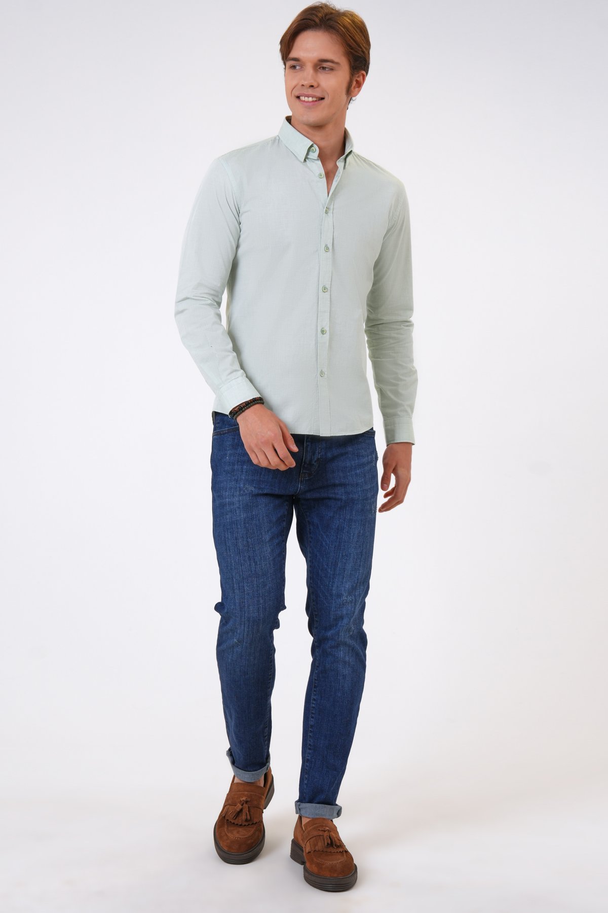 Yeşil Slim Fit %100 Pamuk Gömlek