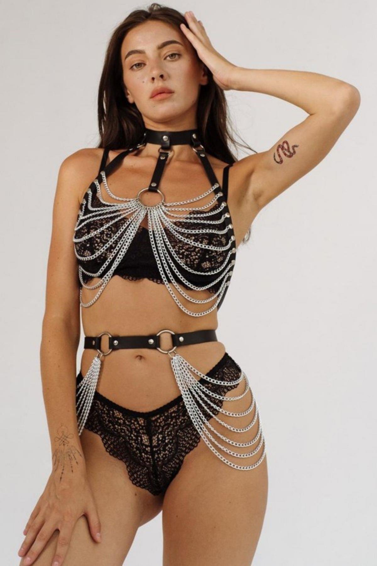 Bella Notte Siyah Tamamlayıcı Zincir Detaylı Harness Takım GD-2075