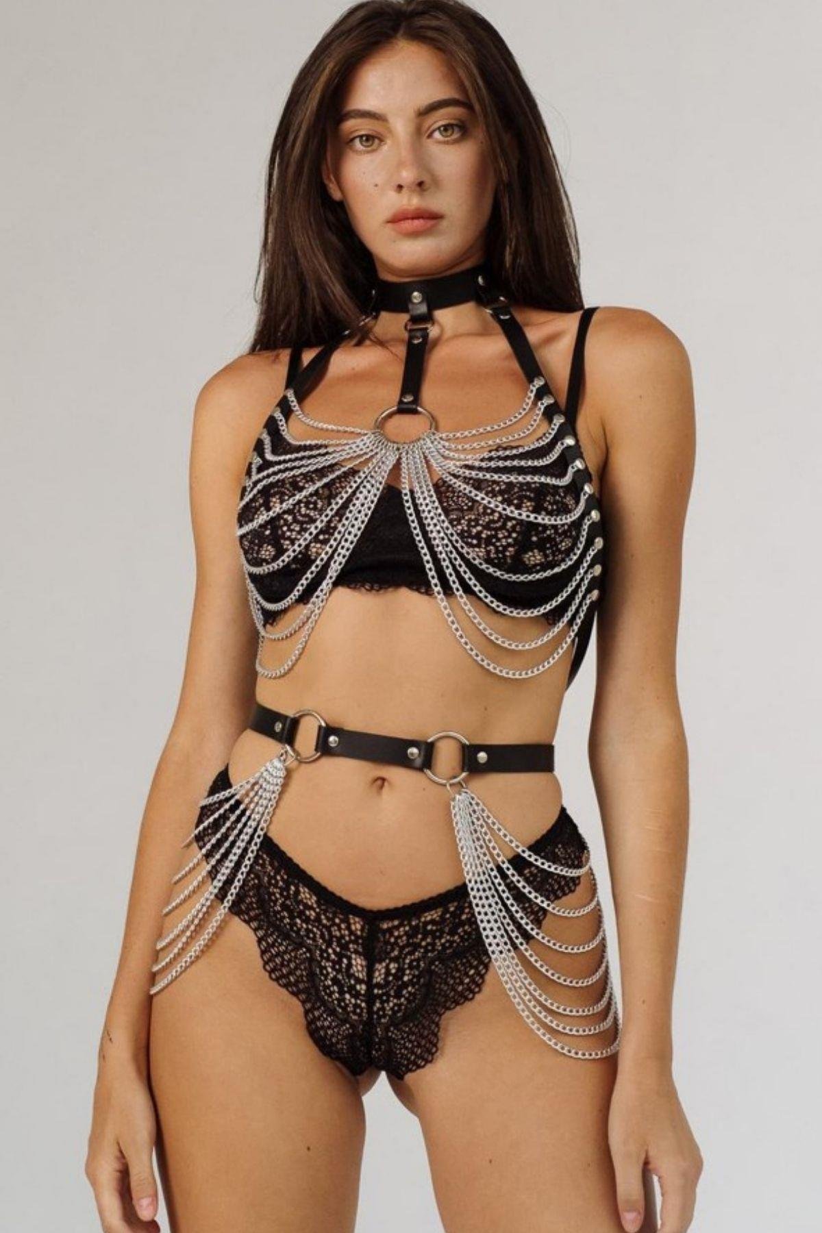 Bella Notte Siyah Tamamlayıcı Zincir Detaylı Harness Takım GD-2075