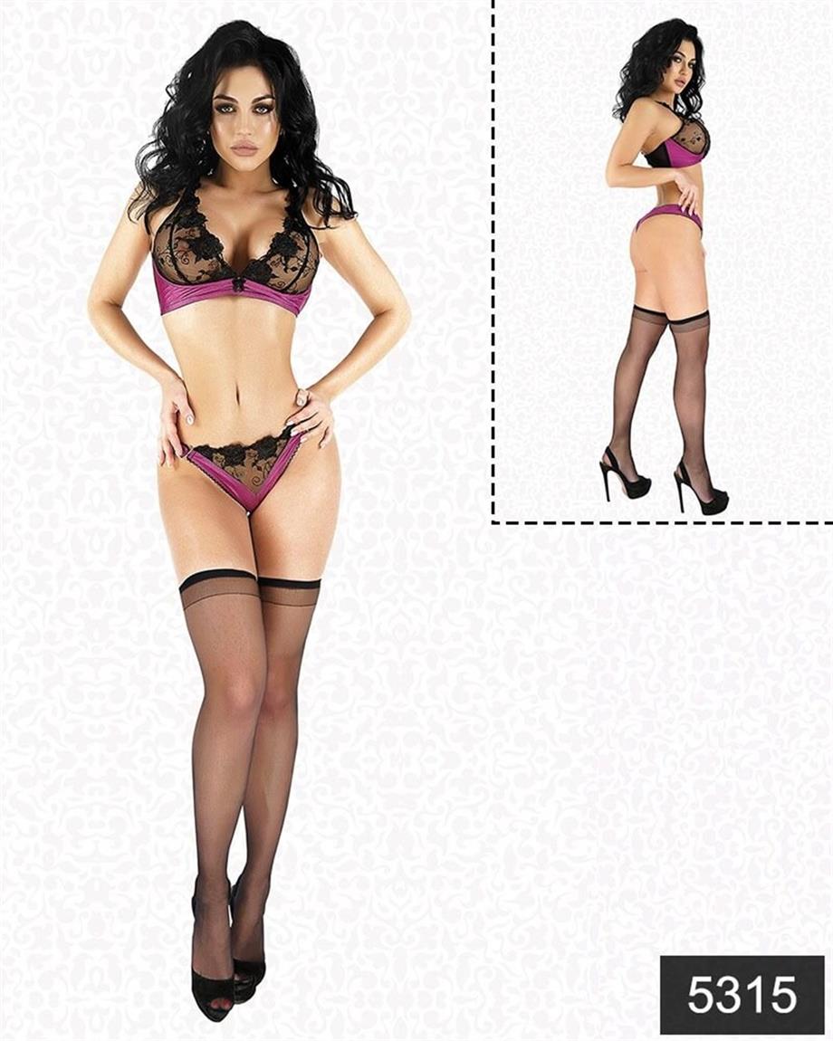 Aria's Closet Saten Dantelli Fantazi Çorap Sütyen Tanga Set