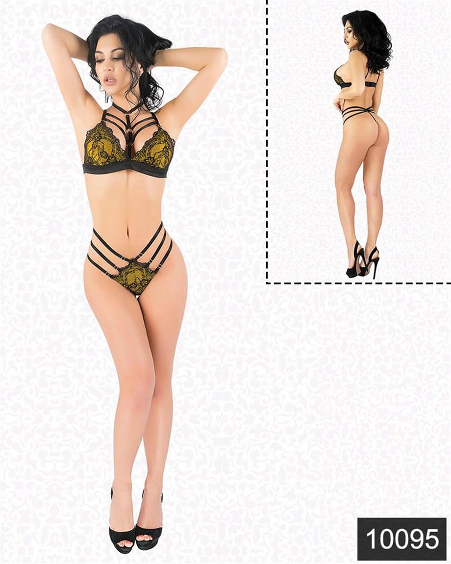 Aria's Closet Seksi Sarı Lamine Jartiyer Takım