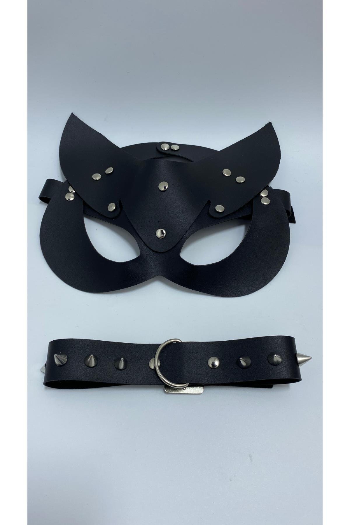 Aria's Closet Siyah Deri Fantezi Maske Çivili Tasma Harness Aksesuar