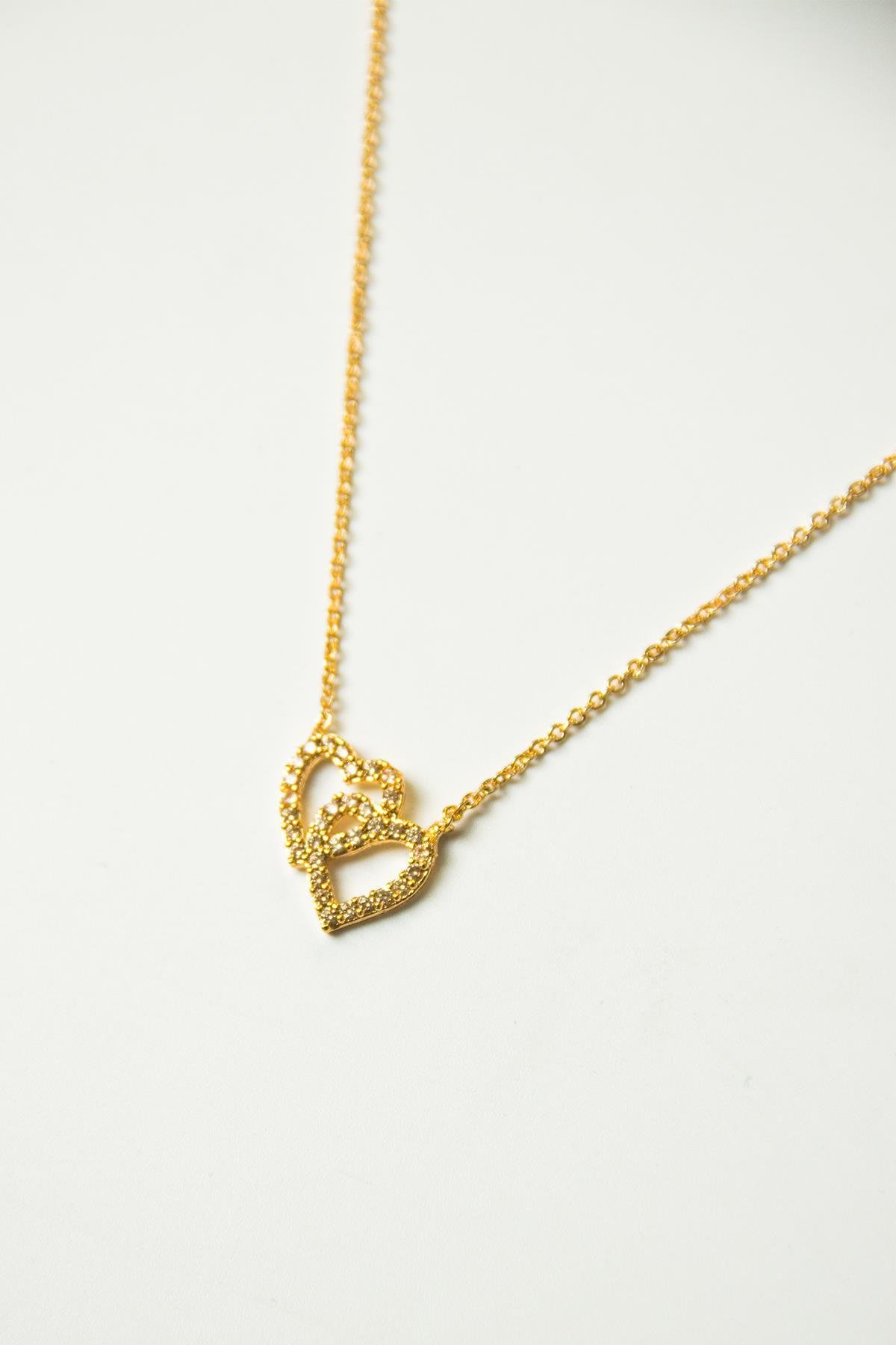 Gold Kalp Figürlü Zirkon Taşlı Kolye Sevgiliye Hediye