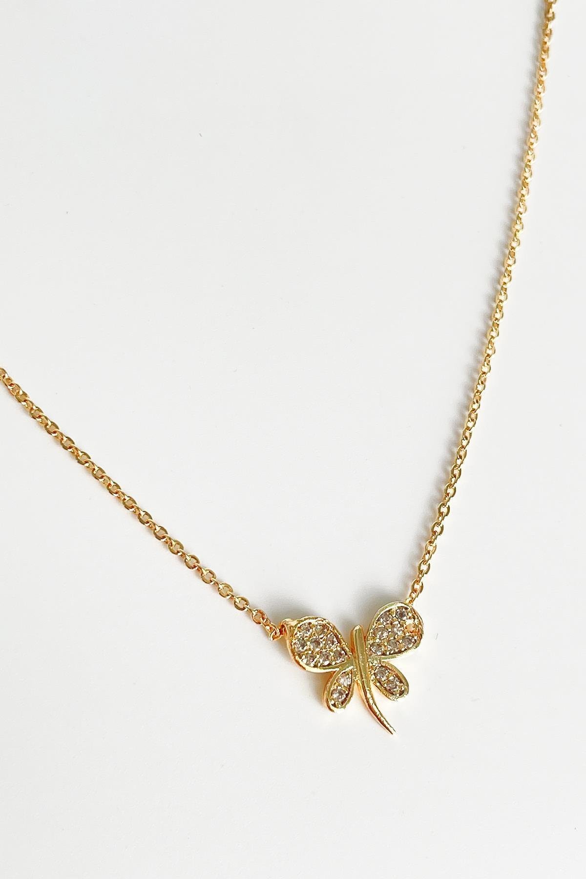 Gold Zirkon Taşlı Kelebek Kolye
