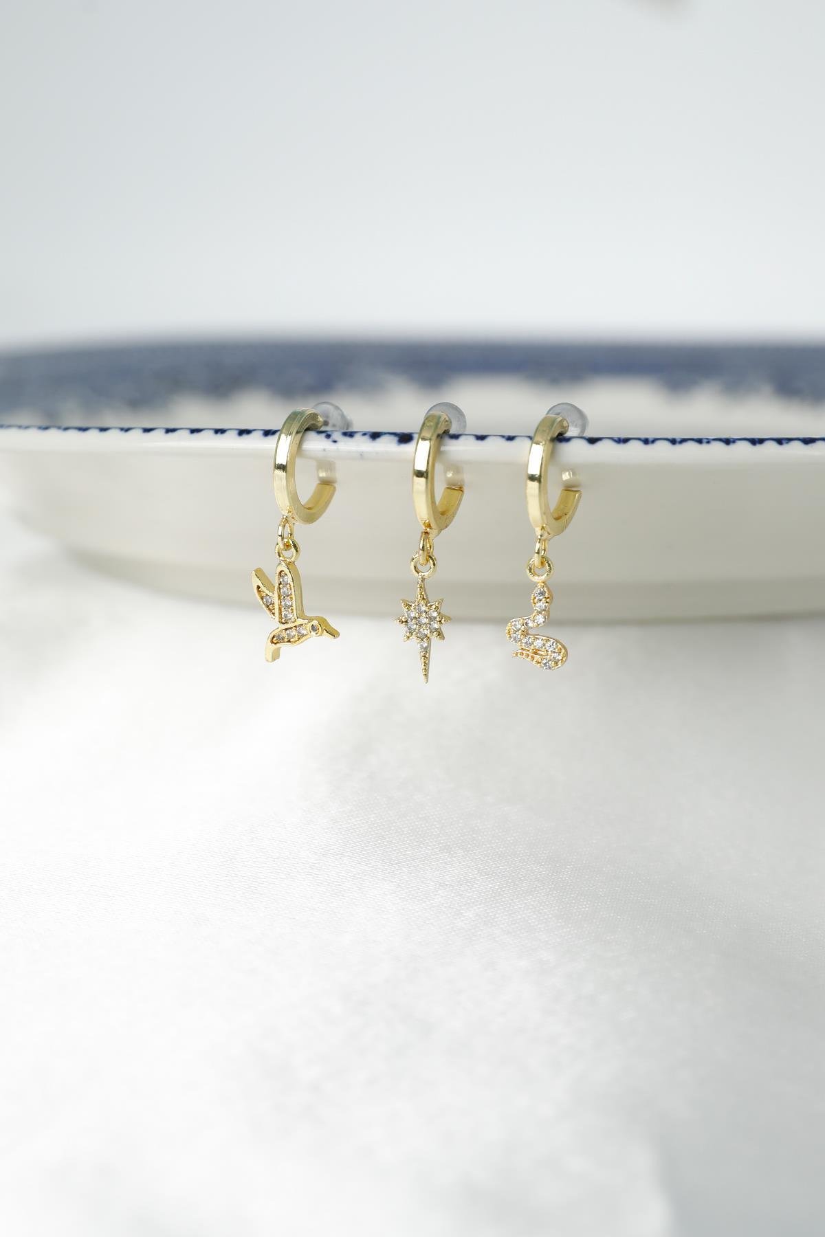 Gold Zirkon Taşlı Üçlü Küpe