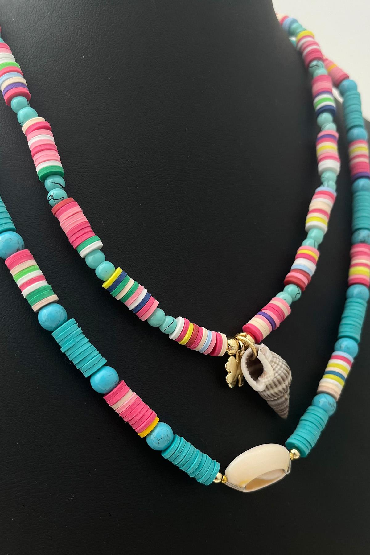 Renkli İkili Midye Kabuklu Kombin  Fimo Kolye (48+5 cm)