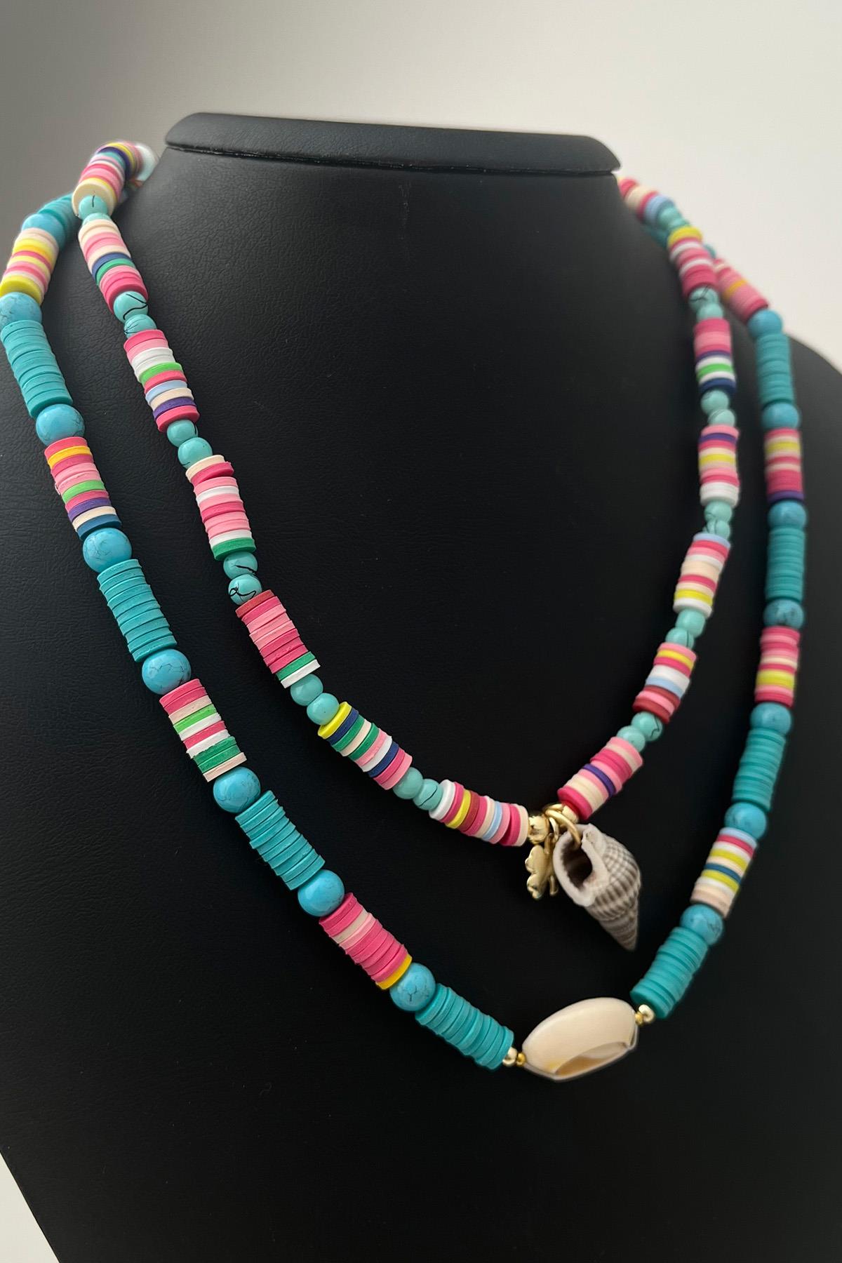 Renkli İkili Midye Kabuklu Kombin  Fimo Kolye (48+5 cm)