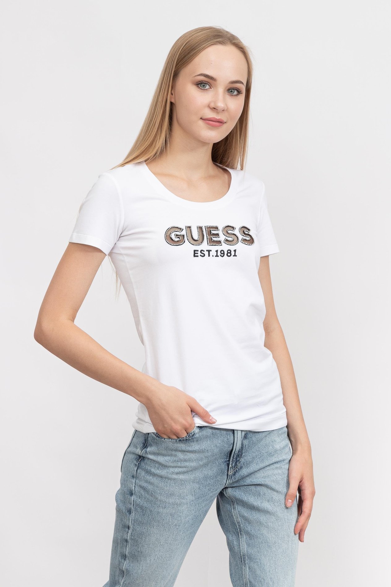 Guess Ss Rn Mesh Logo Kadın Bisiklet Yaka T-Shirt