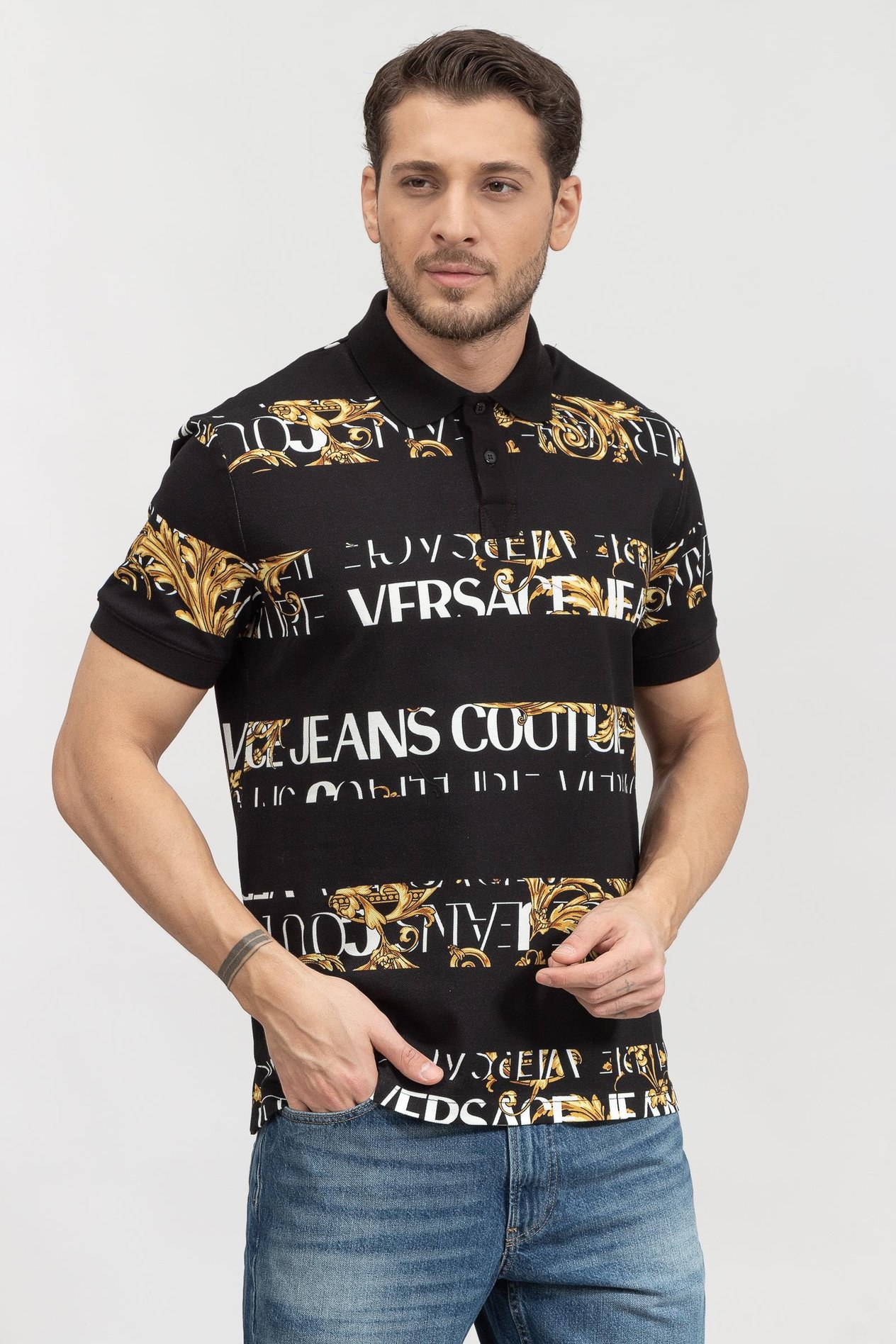 Versace Jeans Couture R Print Stripes Logo B Erkek Polo Yaka T-Shirt