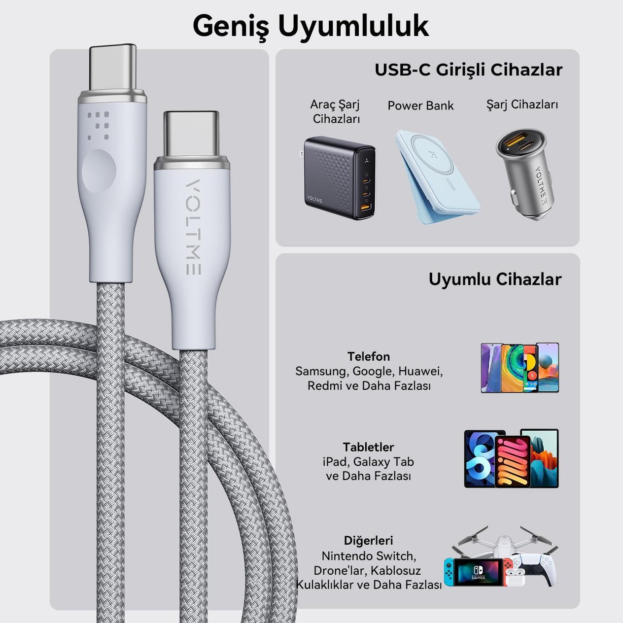 VOLTME C2052 Powerlink Rugg 60W Type-C Şarj Kablosu 1M 3A-Gri