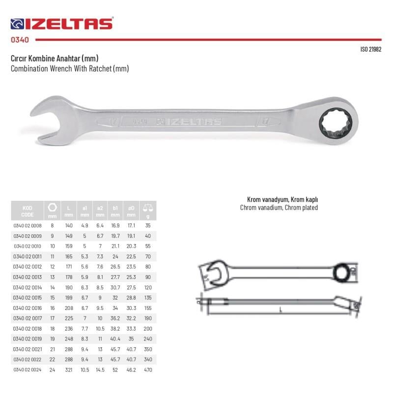 İzeltaş 8 mm Kombine Cırcır Anahtar 0340 02 0008