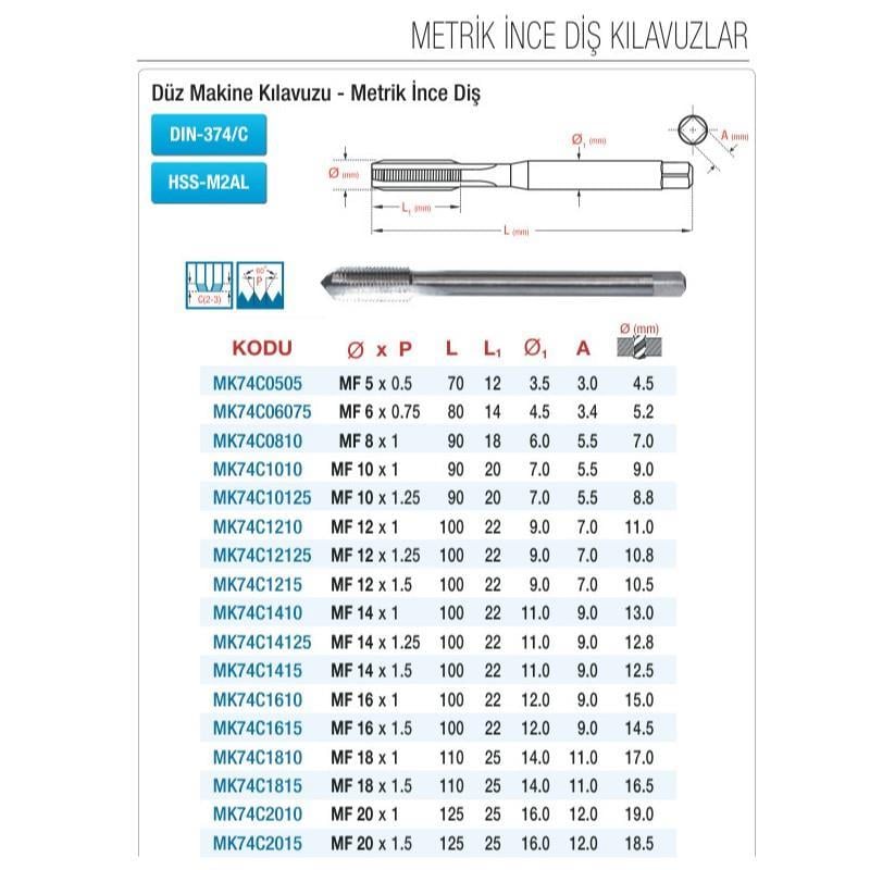 Maier M10x1 İnce Diş Düz Makina Kılavuzu HSS-M2AL DIN-374/C MK74C1010