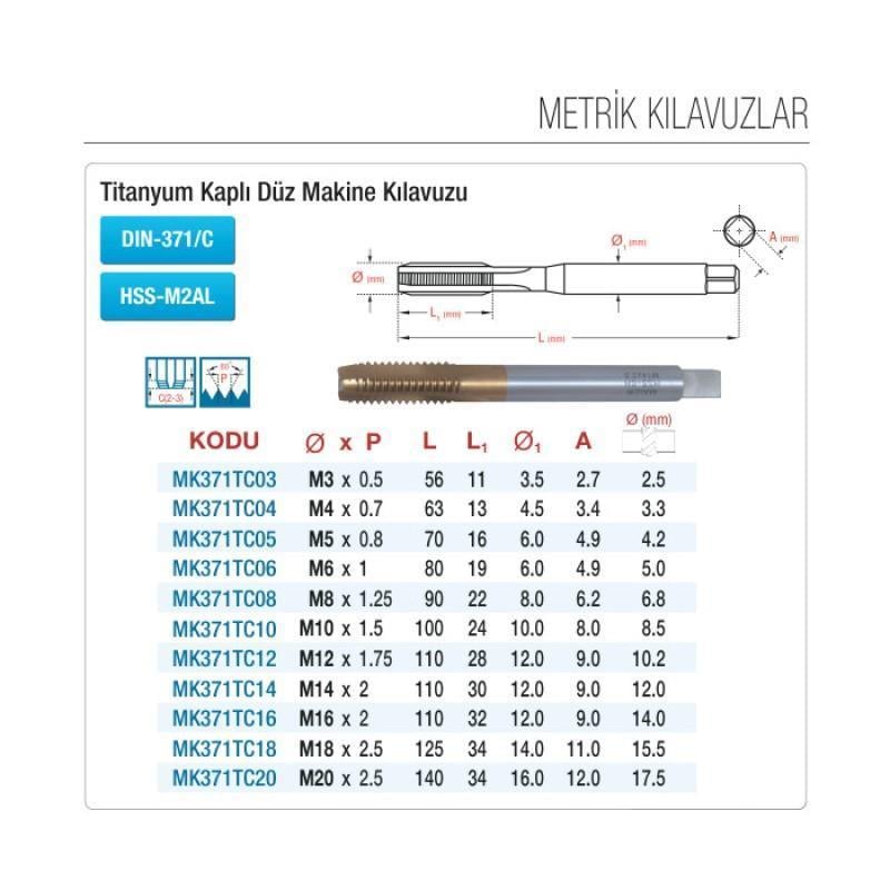 Maier M3x0,5 Düz Makina Kılavuzu HSS Titanyum Kaplı Standart DIN-371/C MK371TC03