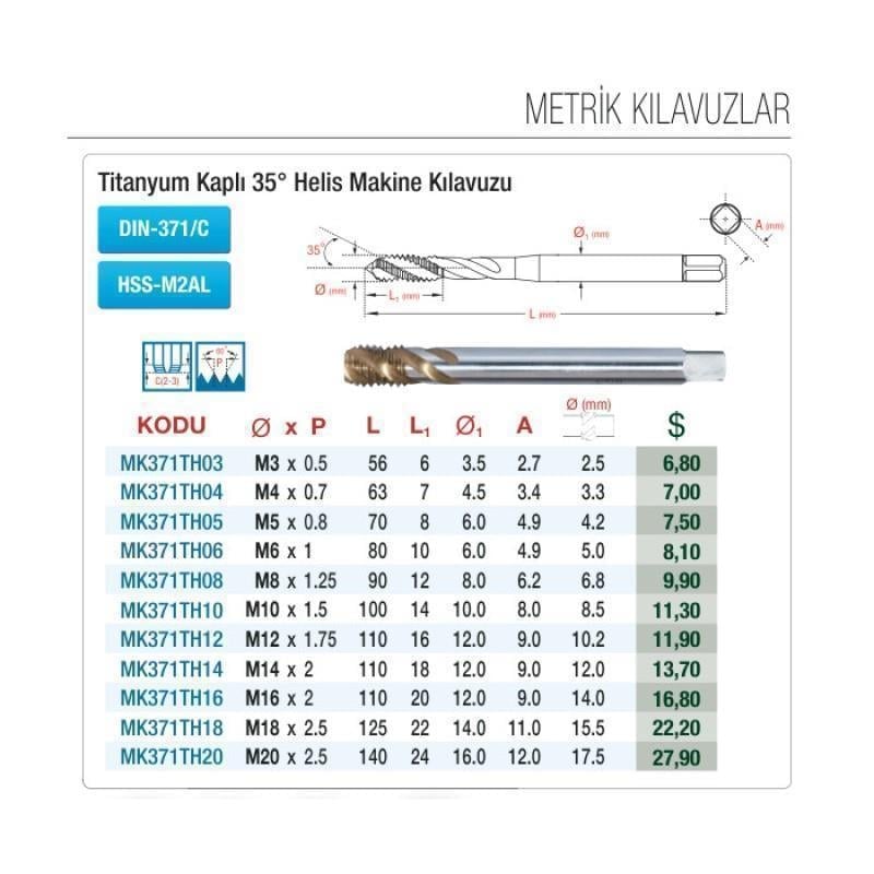 Maier M5x0,8 Helis Makina Kılavuzu HSS-M2AL Titanyum Kaplı Standart DIN-371/C MK371TH05