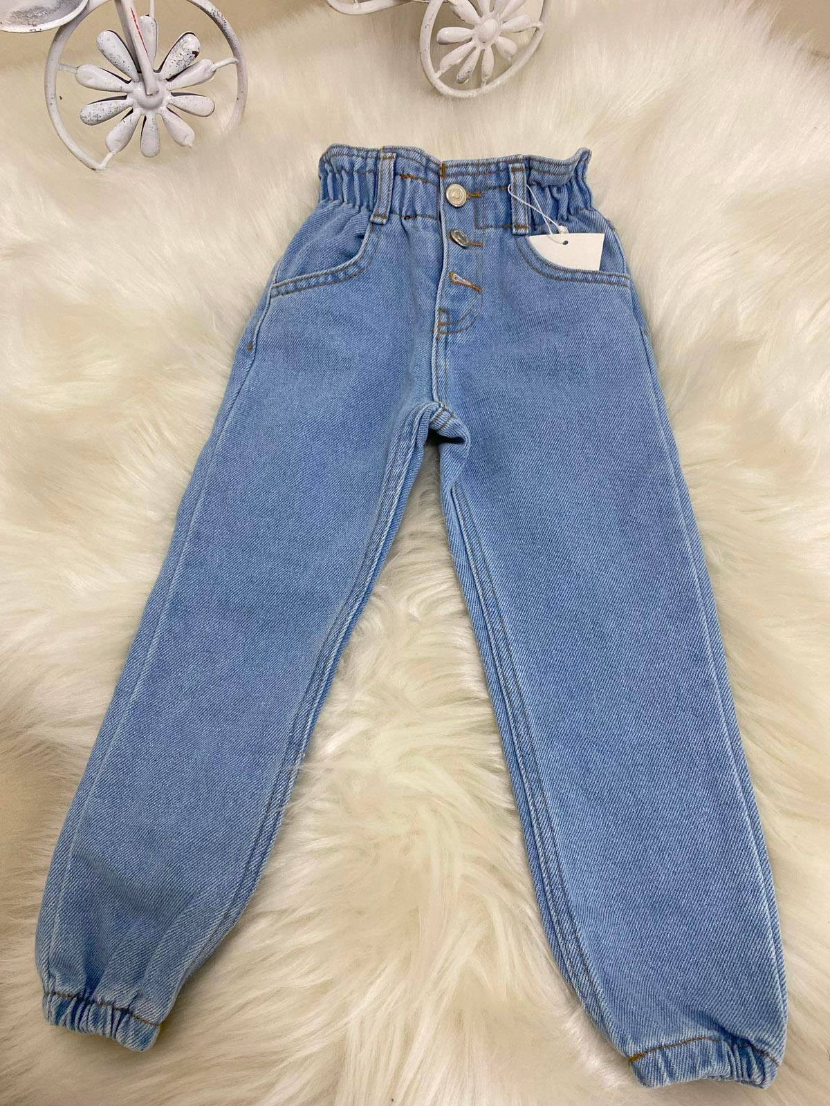 Beli ve Paçası Lastikli Düğmeli Kız Çocuk Jean Mavi (3- 10 Yaş)