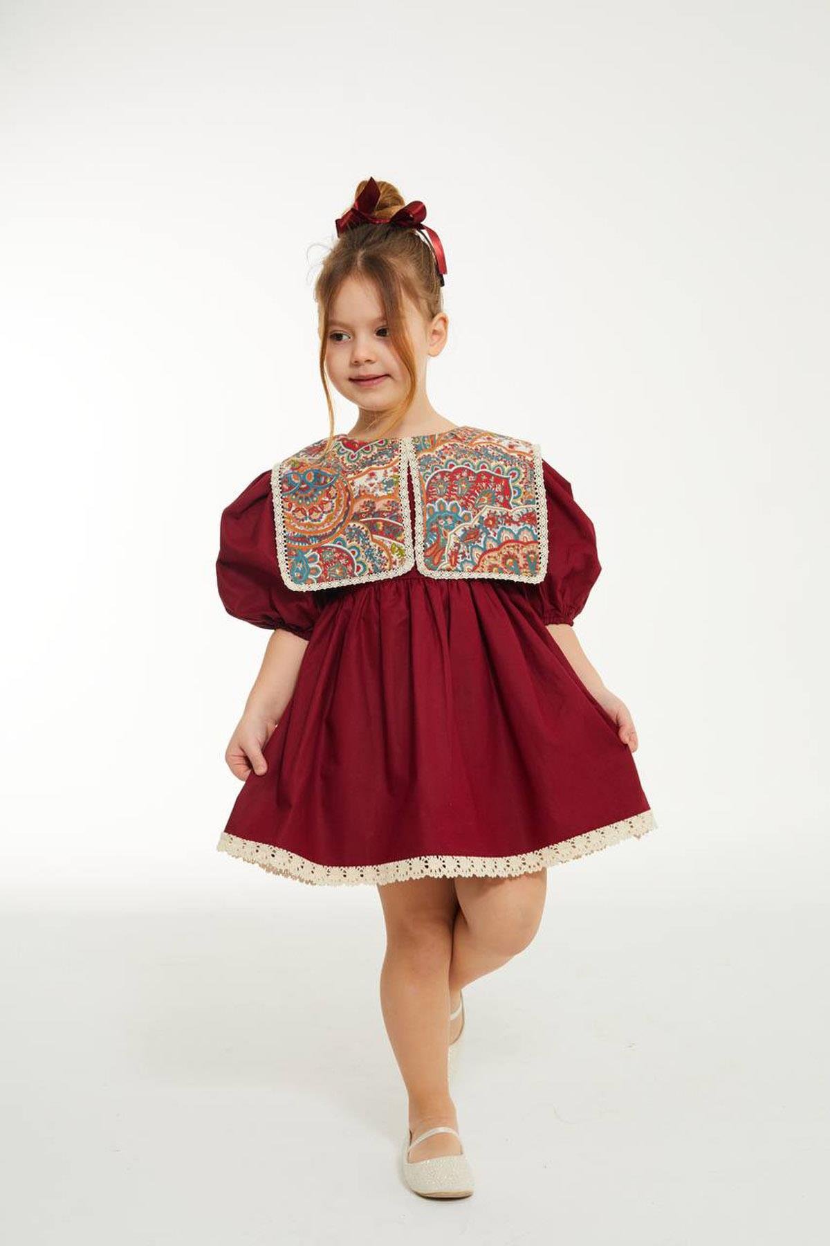Etnik Desen Elbise Bordo (2-8 Yaş)