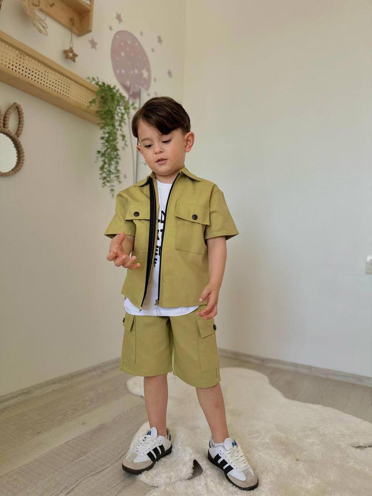 Gabardin Fermuarlı 3lü Takım Yağ Yeşili (3-10 Yaş)