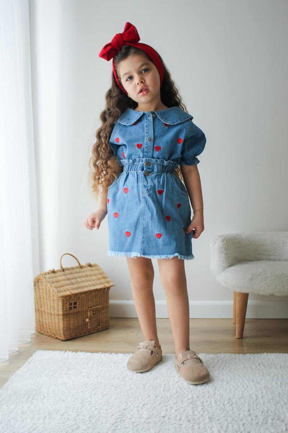 Kalpli Denim Etekli Takım Kırmızı (3-10 Yaş)