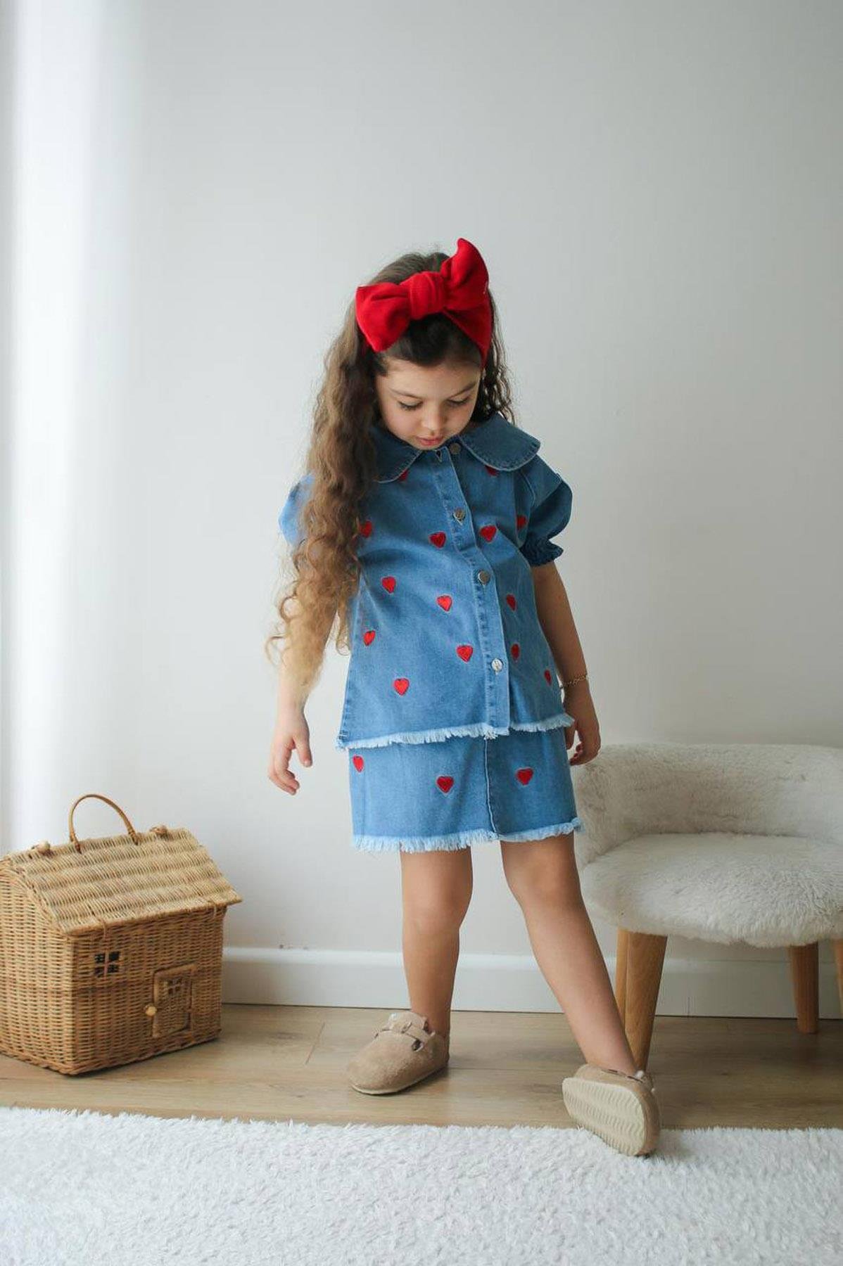 Kalpli Denim Etekli Takım Kırmızı (3-10 Yaş)