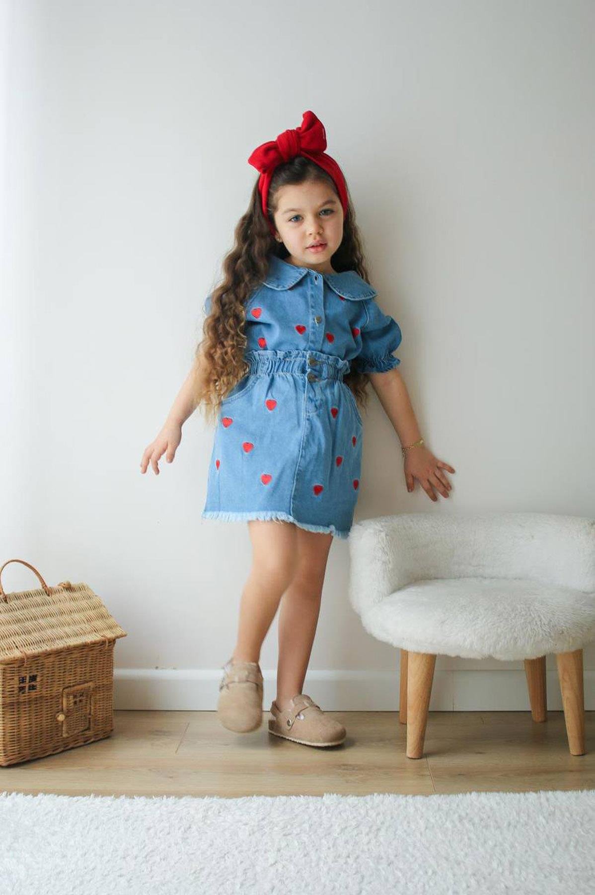 Kalpli Denim Etekli Takım Kırmızı (3-10 Yaş)