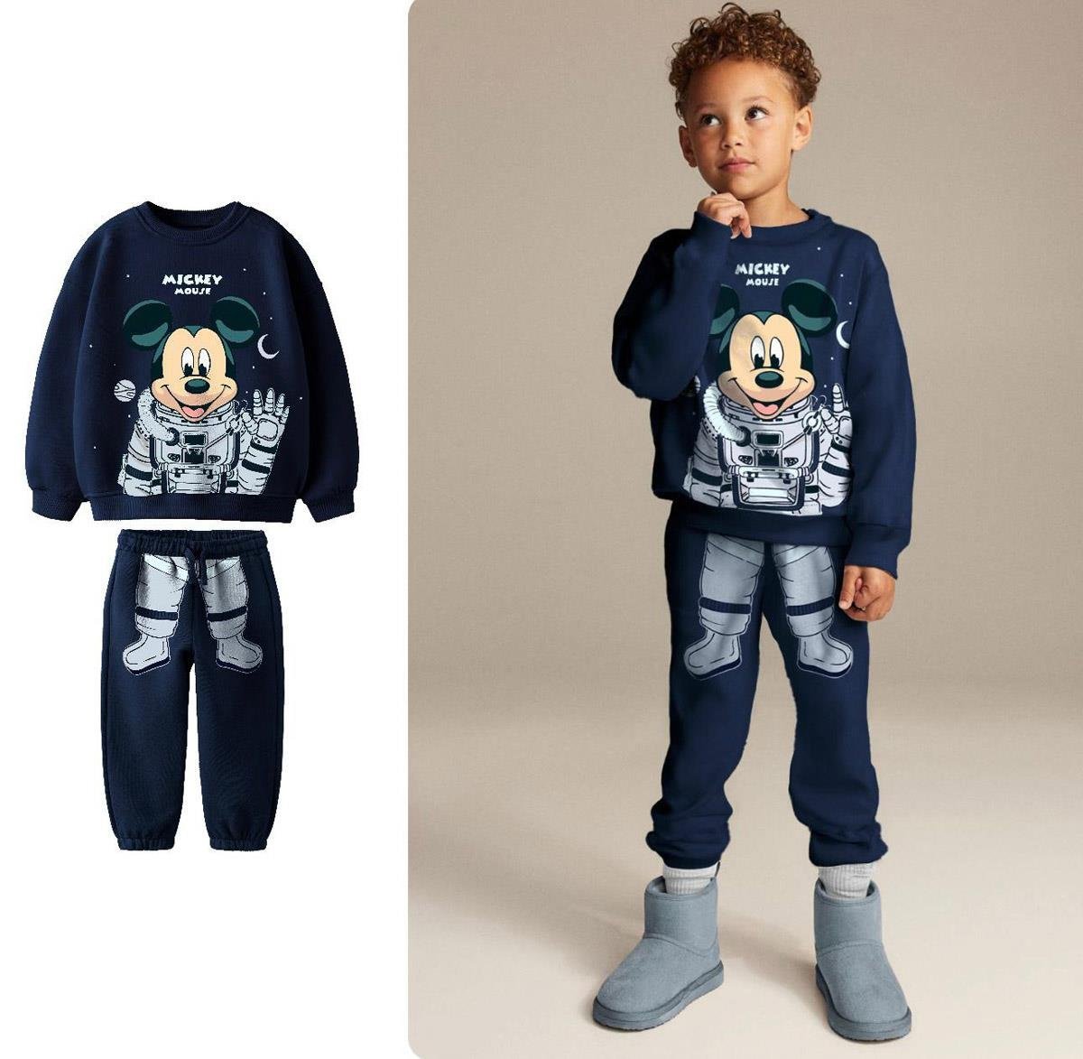 Mickey Astronot Erkek Çocuk Pamuklu İkili Takım Lacivert ( 2-8 Yaş)