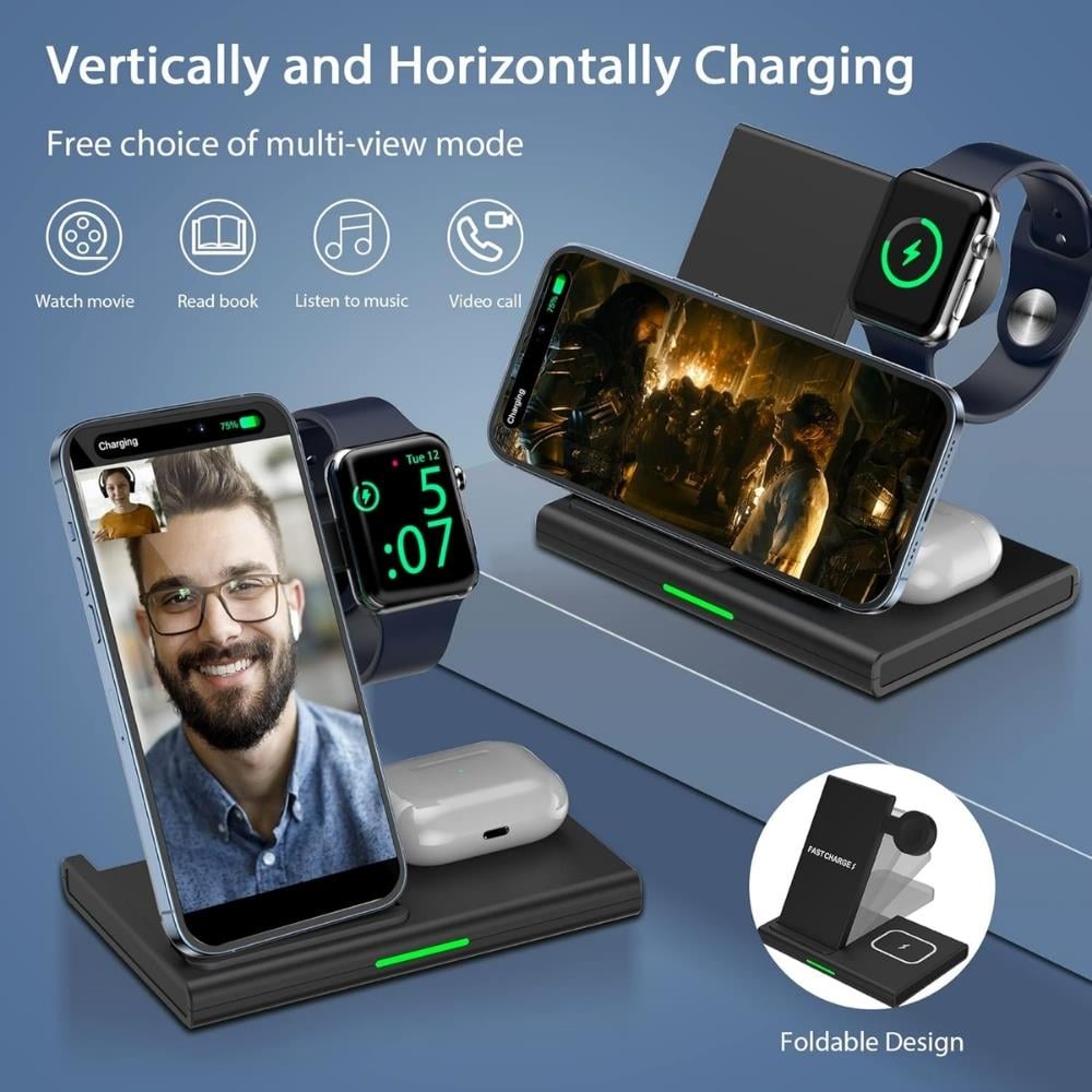 3 ü 1 Arada 15W Hızlı Şarj Kablosuz Wireless LED Işıklı Iphone Watch Airpods Şarj Standı İstasyonu  