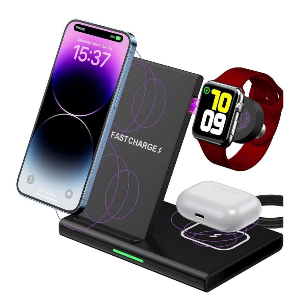 3 ü 1 Arada 15W Hızlı Şarj Kablosuz Wireless LED Işıklı Iphone Watch Airpods Şarj Standı İstasyonu  