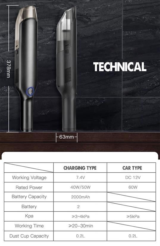 HZL 60W-80W Taşınabilir Portatif El Araç Süpürgesi Şarjlı Bataryalı Temizlenebilir Filtreli