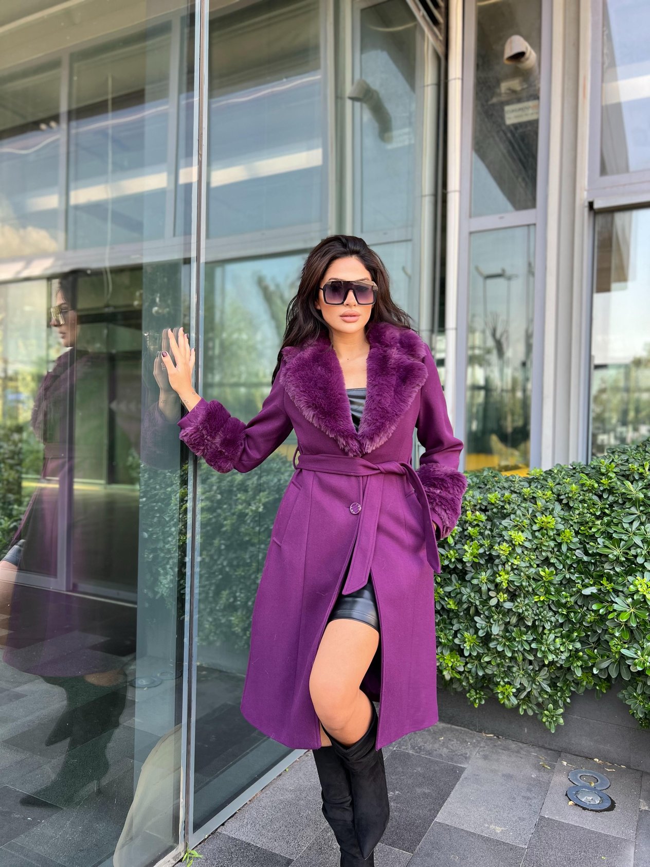 Lisa Kürklü Kaşe Kaban Mürdüm