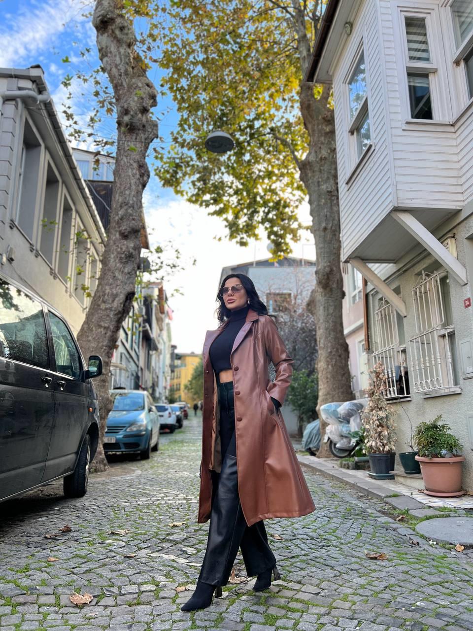 Lydia Kaplama Düğmeli Uzun Trenç Kahve